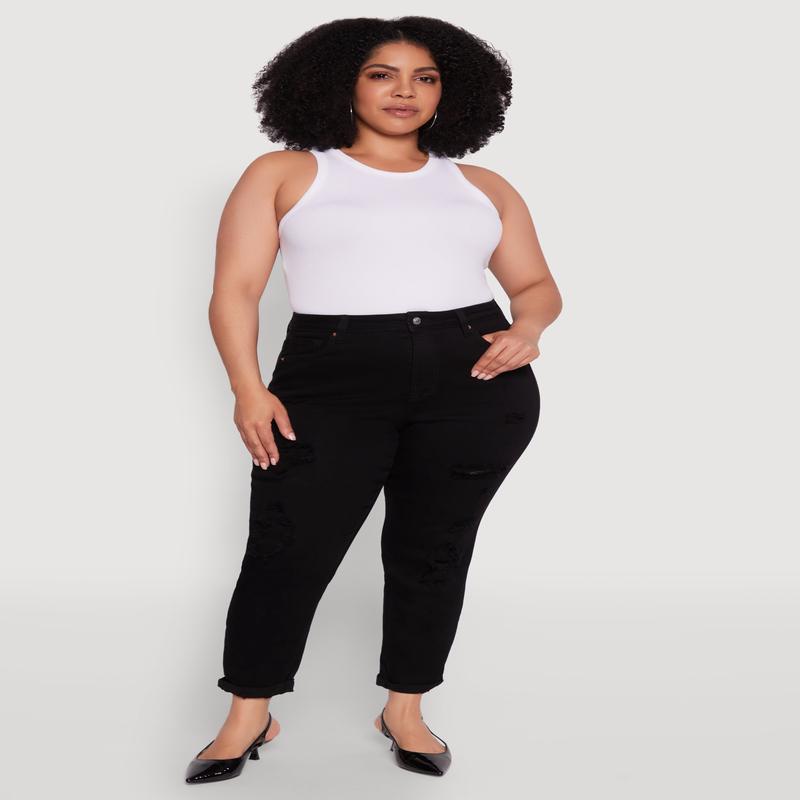 Plus Size WAX Patch Distressed High Waist Slim Straight Jeans