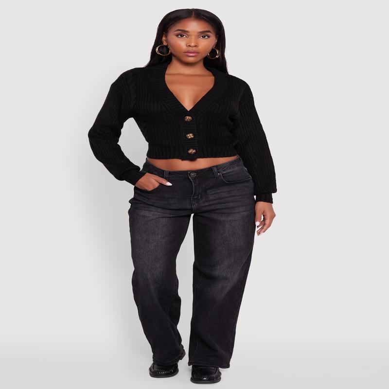 Cable Knit Cropped Button Front Long Sleeve Cardigan