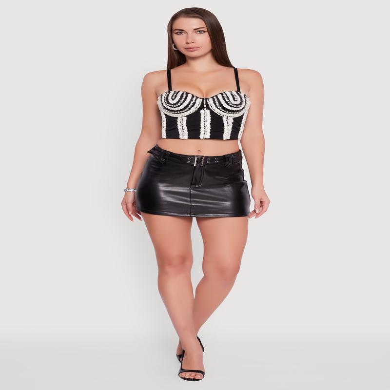 Cropped Rhinestone and Faux Pearl Detail Convertible Bustier