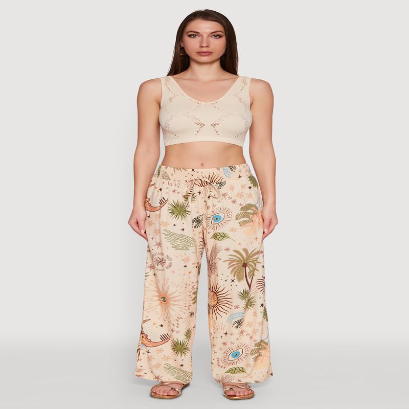 Patterned Faux Drawstring Smocked Waist Palazzo Pants