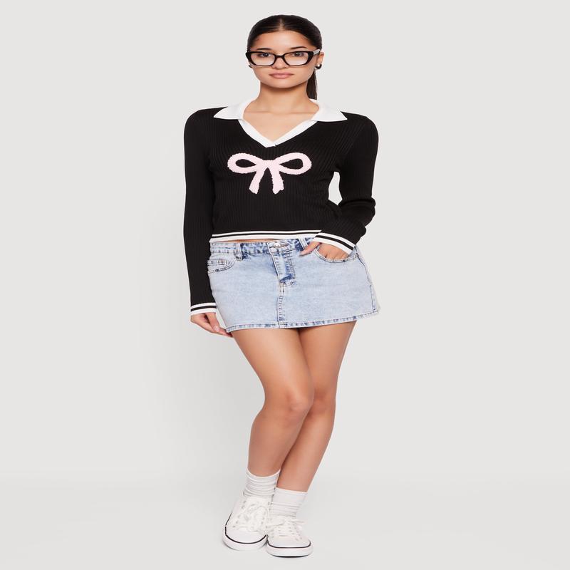 Chenille Bow Patch Graphic Varsity Stripe Sweater