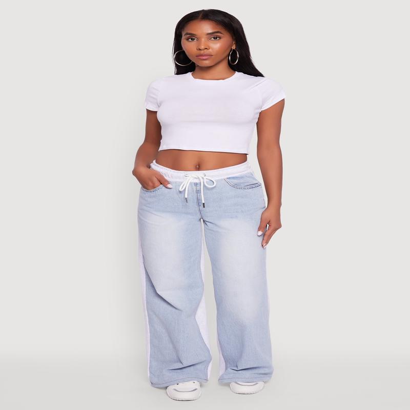 Color Block Denim Insert Drawstring Waist Sweatpants