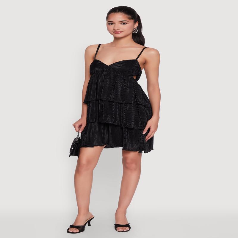 Plisse Cut Out Tiered Ruffle Mini Dress