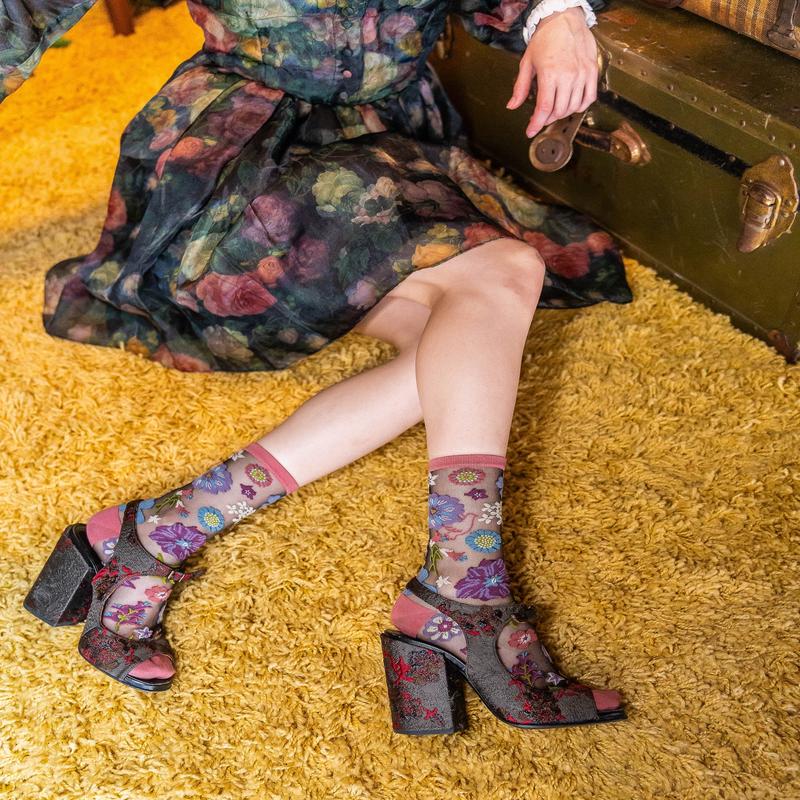 Dark Florals Black Sheer Crew Sock