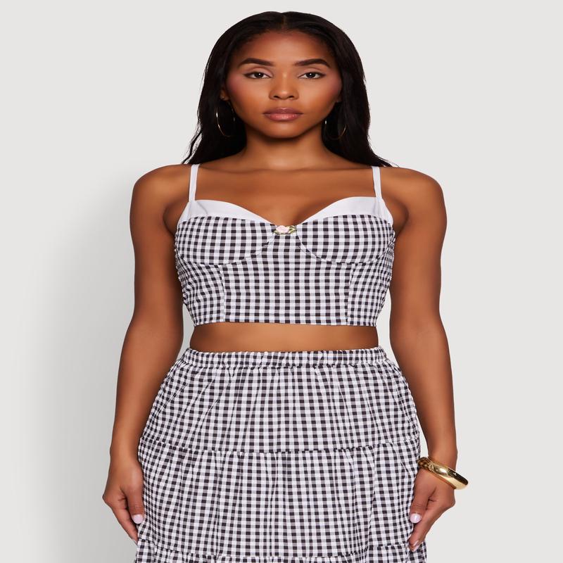 Gingham Smocked Back Bustier Top