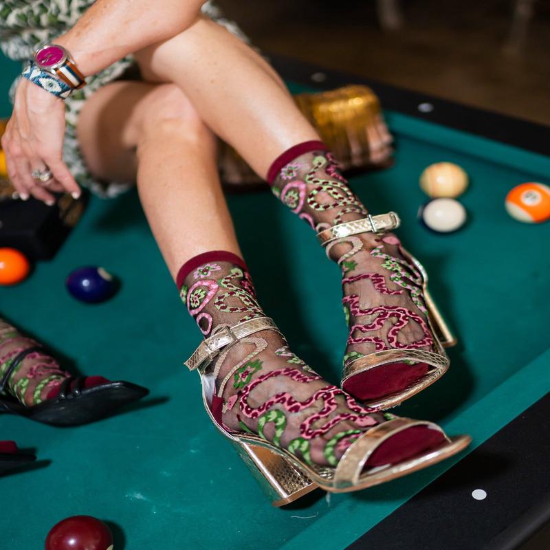 Serpentine Floral Black Sheer Crew Sock