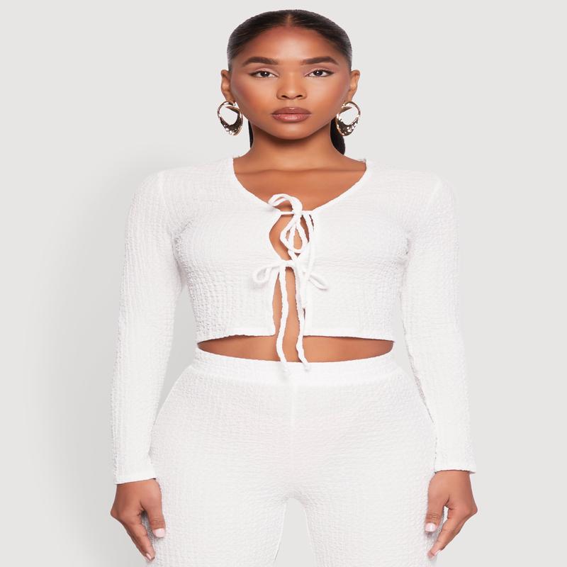 Textured Knit Double Tie Front Crop Top