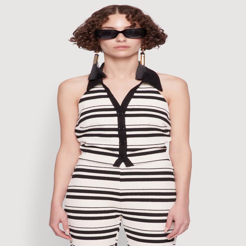 Textured Knit Striped Cropped Halter Top