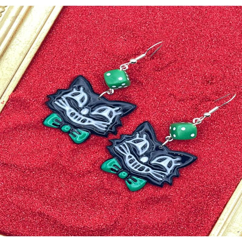 Holiday Retro Cat with Green Bowtie Dice Earrings
