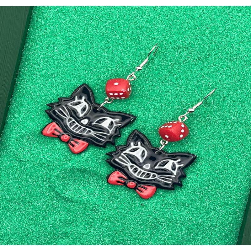 Holiday Retro Cat with Red Bowtie Dice Earrings