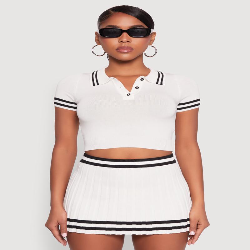 Varsity Stripe Detail Cropped Polo Shirt