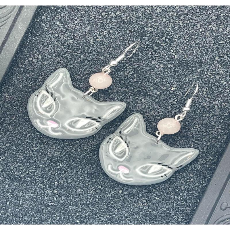 Pretty Kitty Cat Face Earrings with Rose Quartz