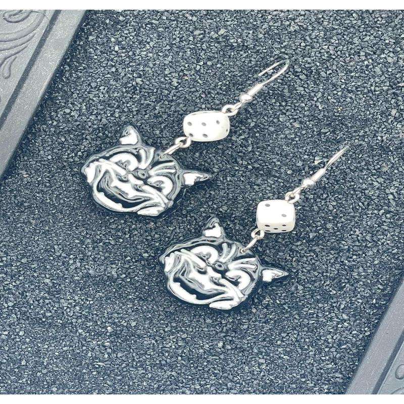 Retro Black Cat with White Dice Earrings