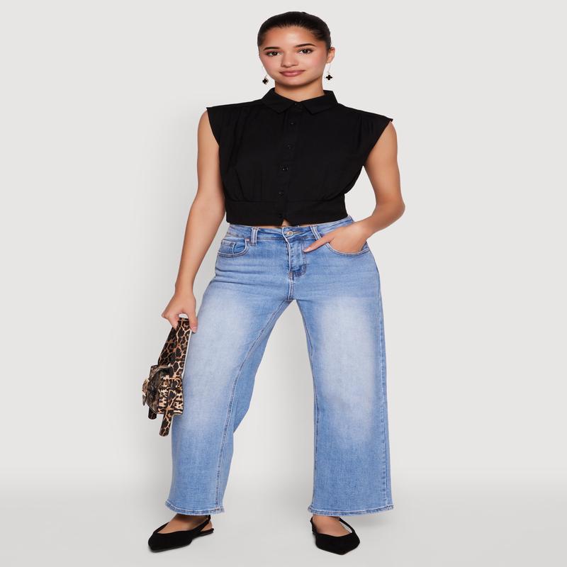 Sleeveless Cropped Button Front Shirt