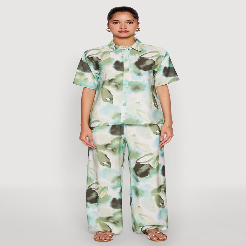 Abstract Leaf Print Wide Leg Pants