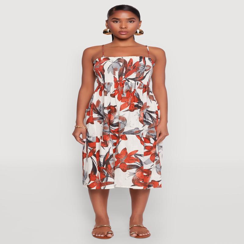 Floral Print Smocked Tiered Midi Dress
