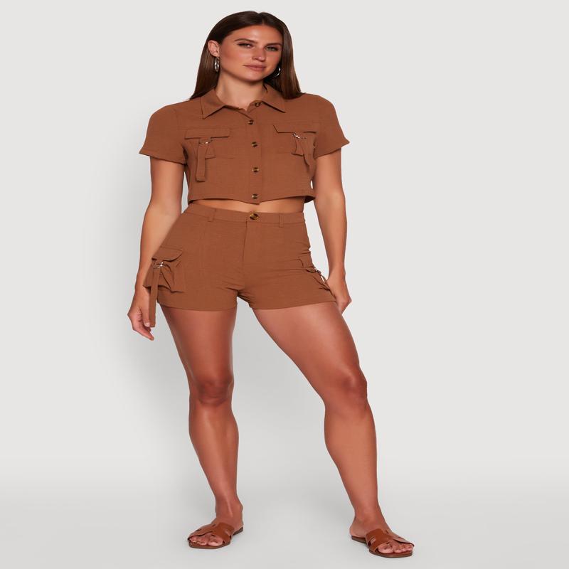 Trendy Crepe Knit High Waisted Cargo Shorts