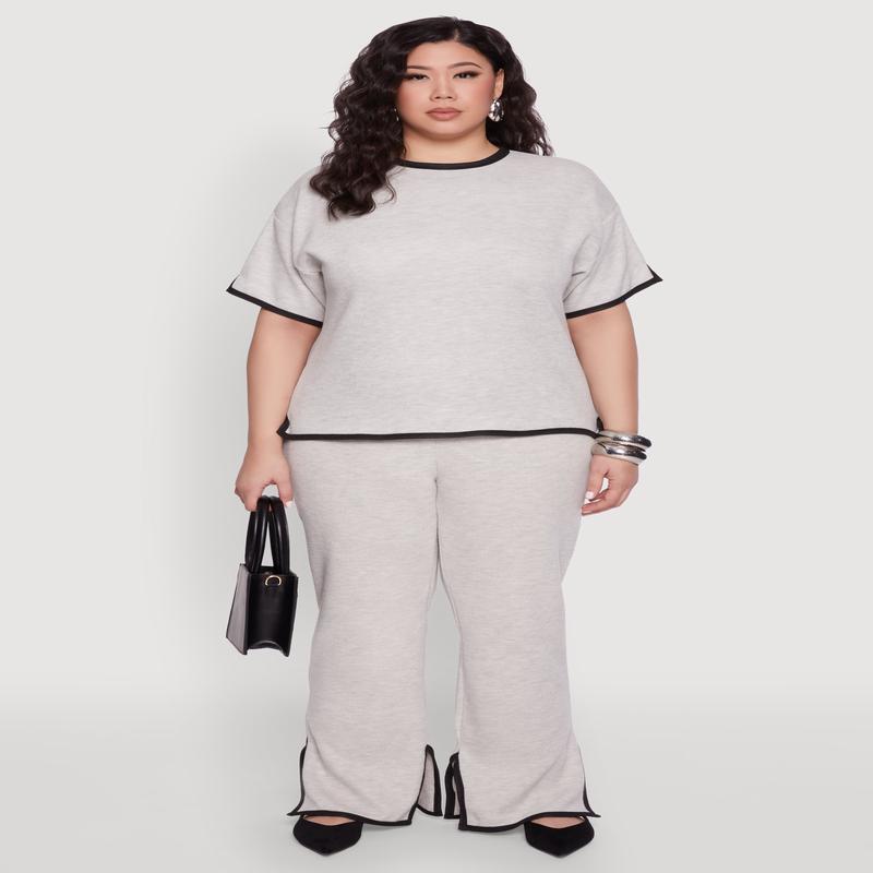 Plus Size Contrast Trim Slit Hem High Waist Pants