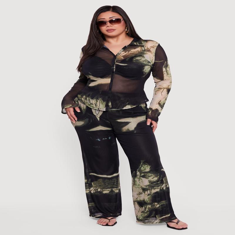 Plus Size High Waisted Printed Mesh Pants