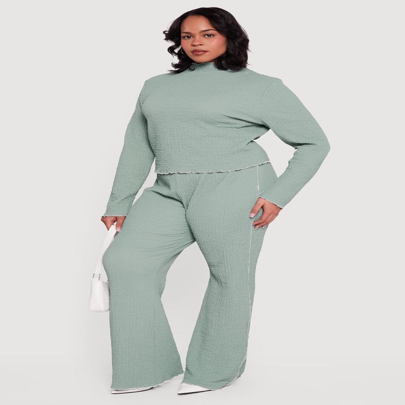 Plus Size Textured Knit Contrast Trim High Waisted Pants