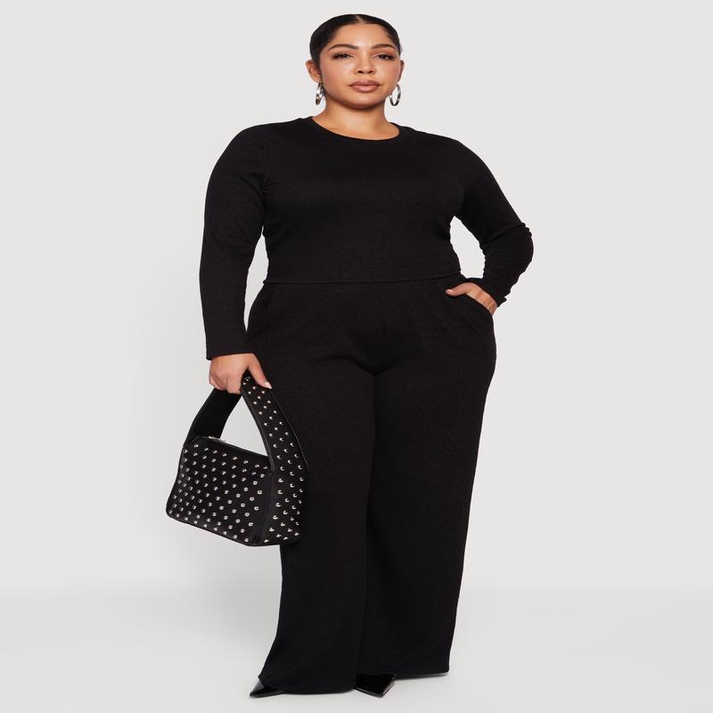 Plus Size Textured Knit Pull On Wide Leg Pants