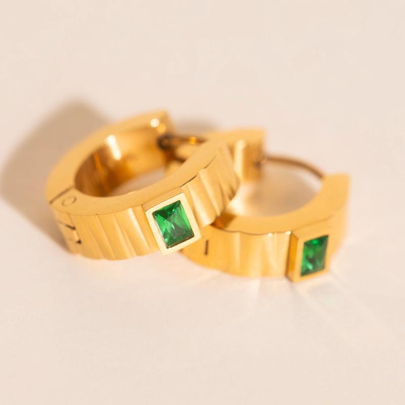 Textured Emerald Crystal Chunky Huggie Hoop Earrings