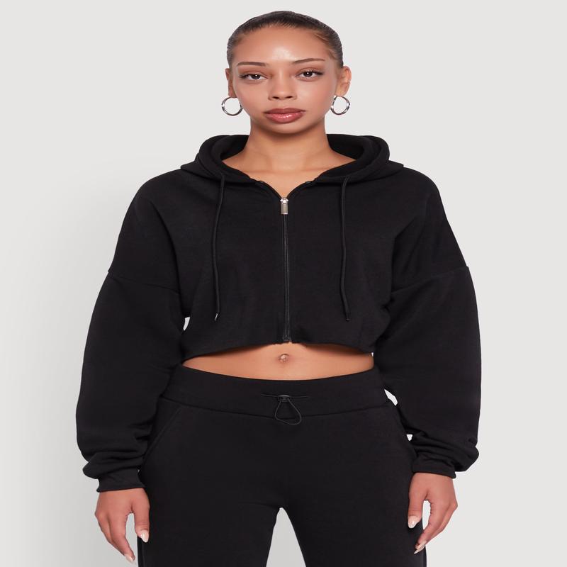Long Sleeve Zip Front Cropped Hoodie