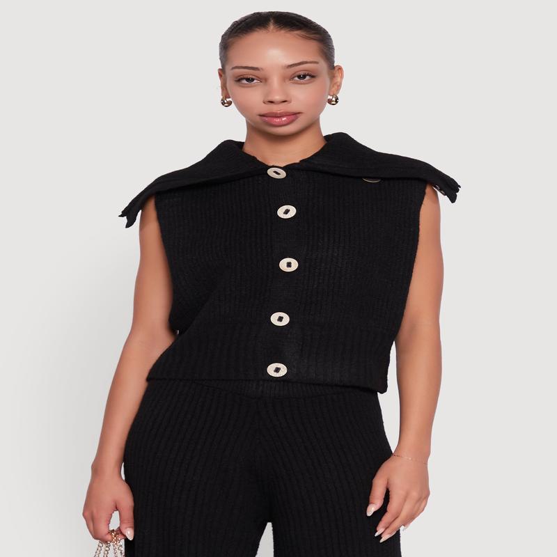 Brushed Rib Knit Collared Button Front Sweater Vest