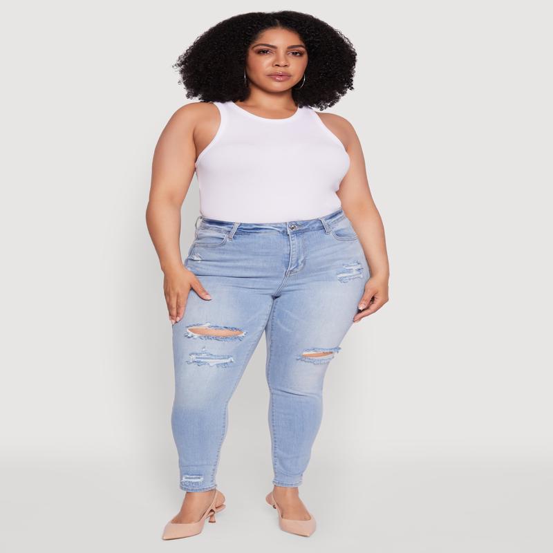 Plus Size WAX Distressed High Waisted Skinny Leg Jeans