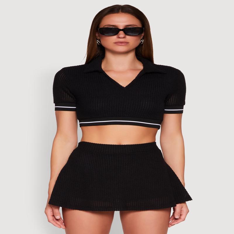 Textured Knit Johnny Collar Crop Top