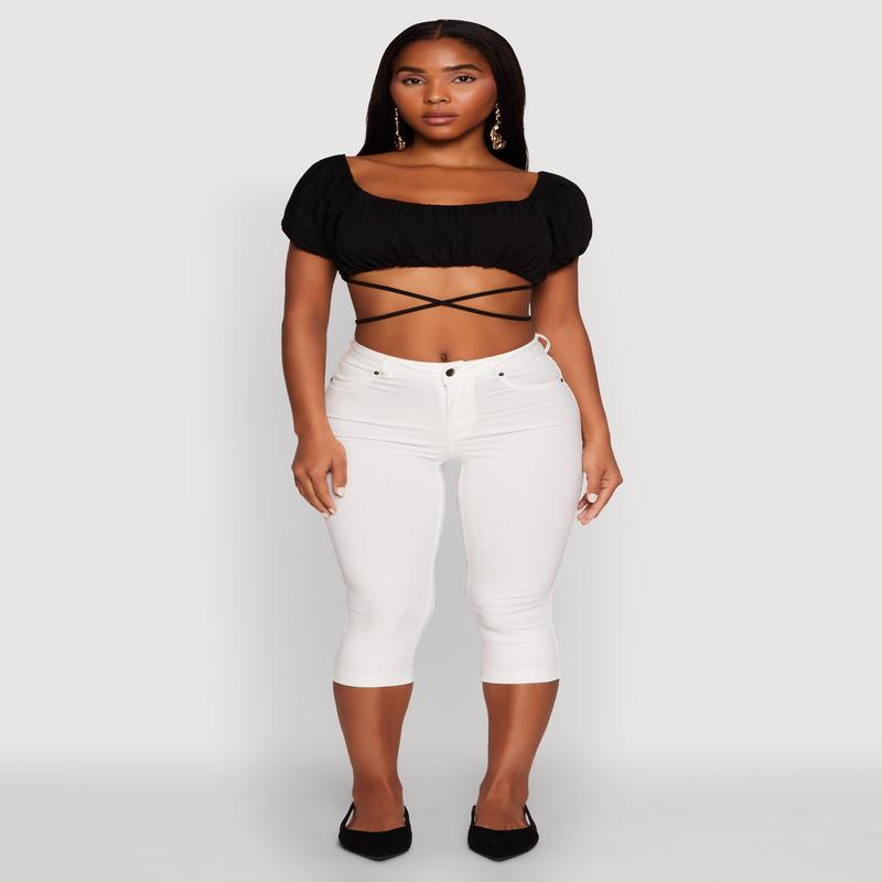 Ruched Tie Back Bubble Sleeve Crop Top