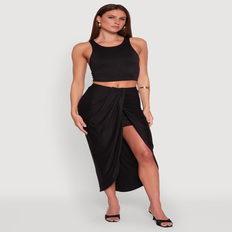 Soft Knit Twisted Front High Low Maxi Skirt