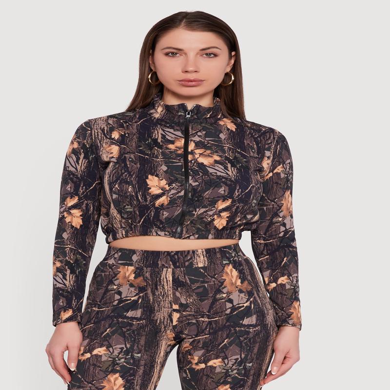 Tree Camo Scuba Cropped Zip Front Jacket