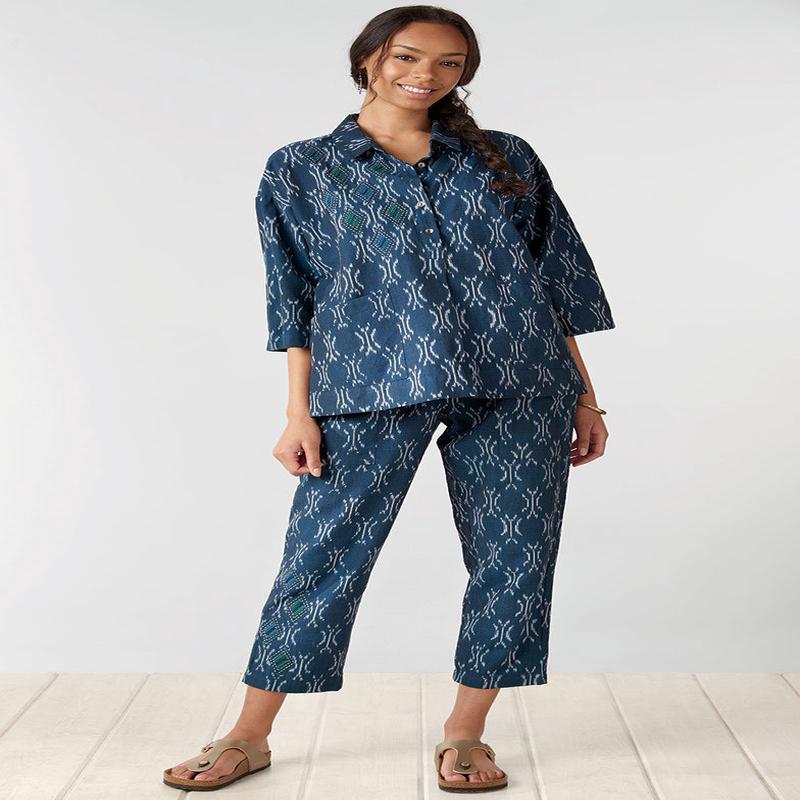 Disha Ikat Tapered Leg Pant - Navy