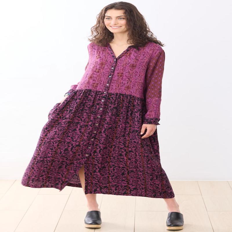 Ashrita Drop Waist Maxi Shirtdress - Black/Mulberry pink