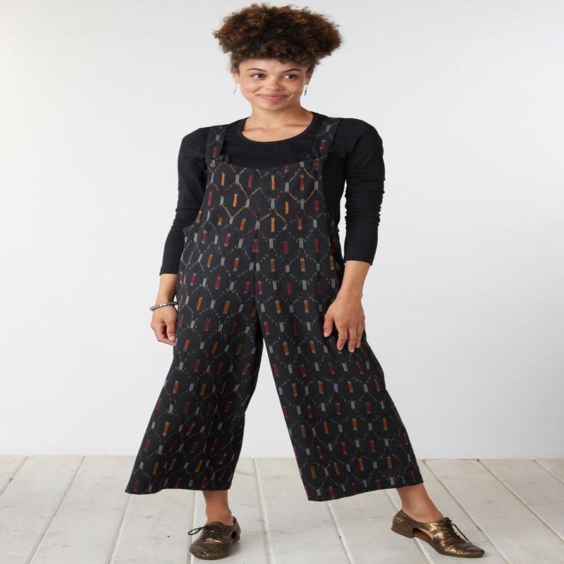 Deepti Ikat Cropped Overalls - Black/Multi