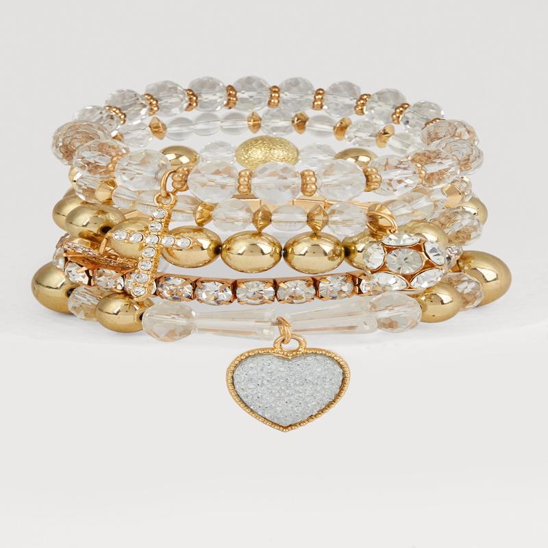 Heart Charm Beaded Stretch Bracelets Set of 6