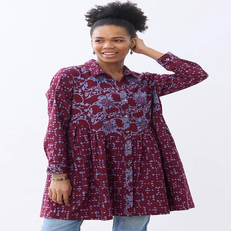 Nishika Button-Down Long-Sleeve Tunic - Radicchio/Periwinkle