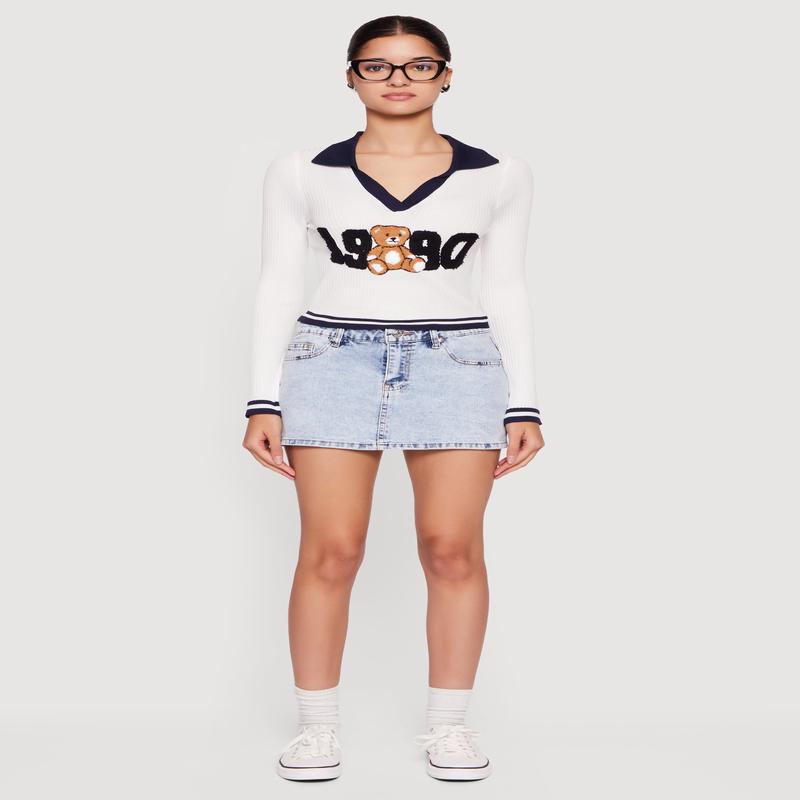 Chenille 1990 Bear Patch Graphic Varsity Stripe Sweater