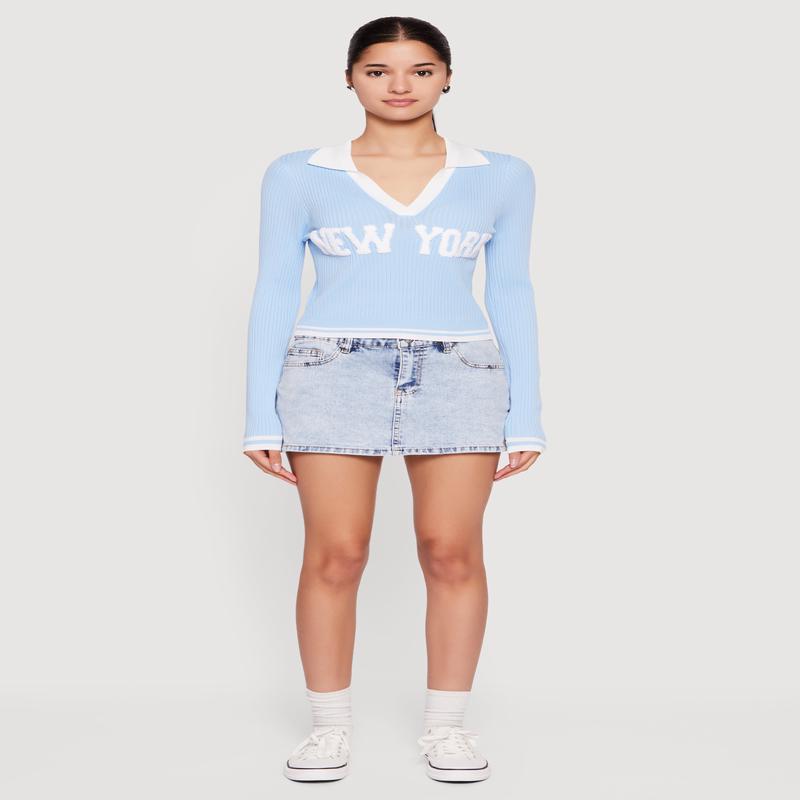 Chenille New York Patch Graphic Varsity Stripe Sweater