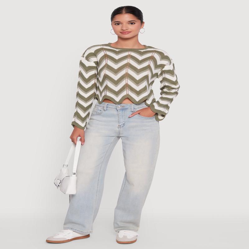 Chevron Crochet Long Sleeve Cropped Sweater