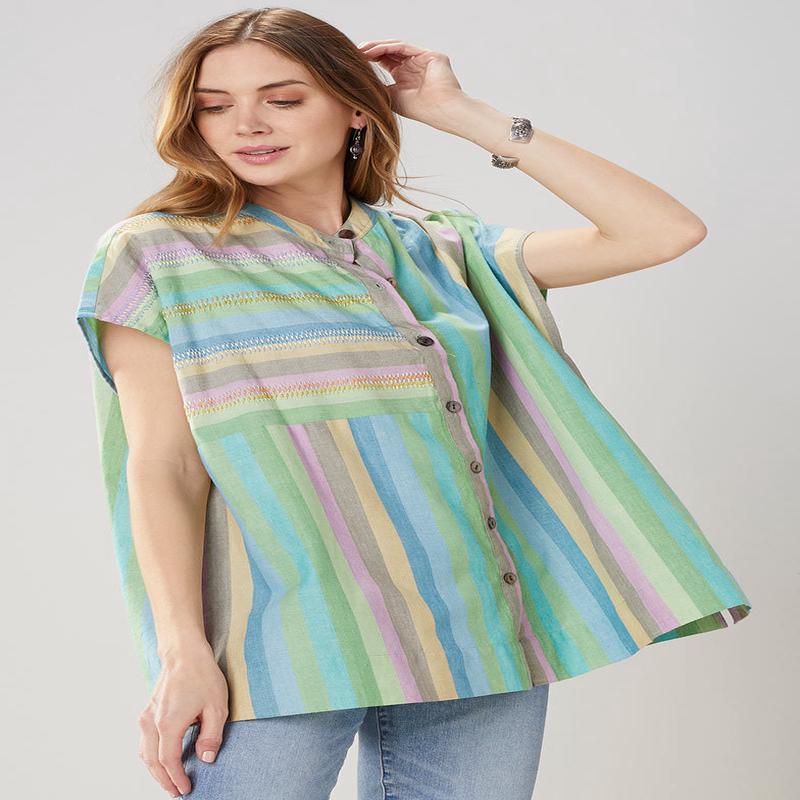 Ambala Oversize Cap-Sleeve Shirt - Spearmint/Multi