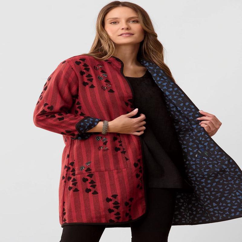 Amulya Reversible Band Collar Jacket - Pomegranate/Wave blue