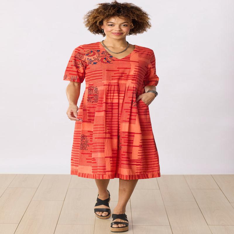 Geethali V-Neck Knee-Length Dress - Light vermillion