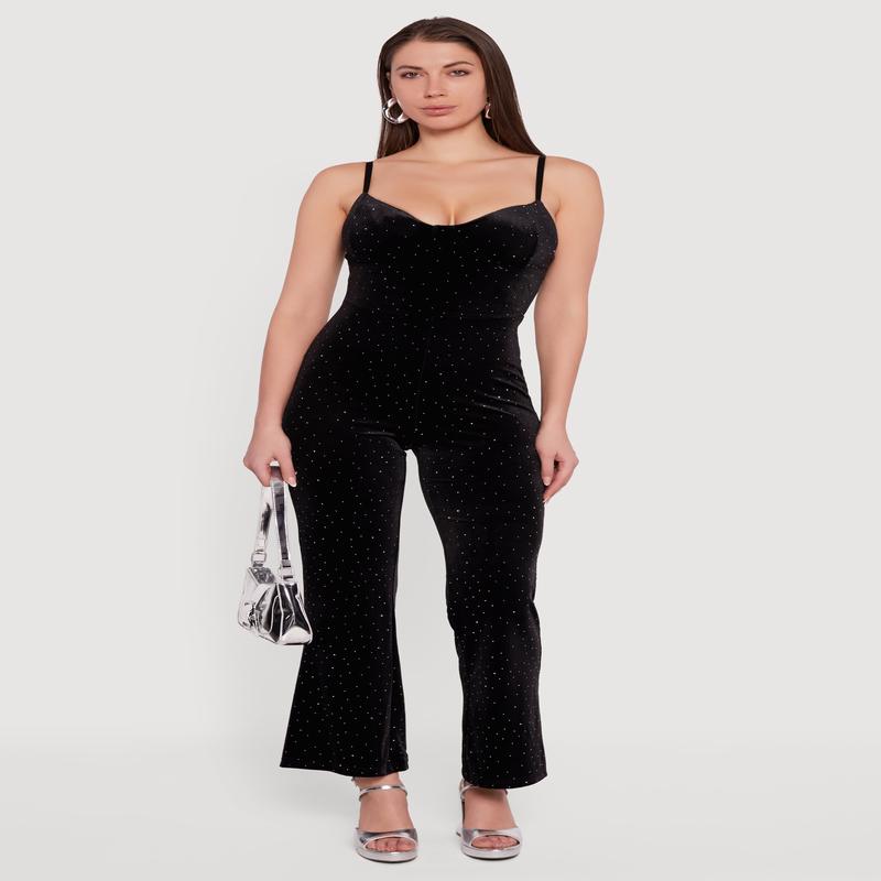 Velvet Sleeveless Bustier Jumpsuit with Rhinestones