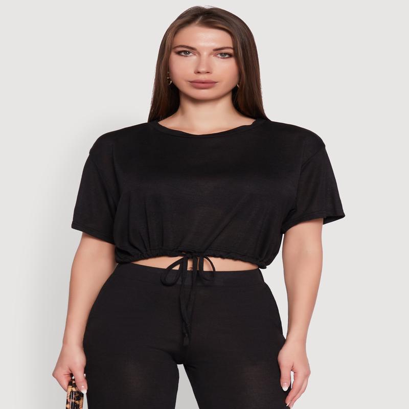Daisy Drawstring Hem Crew Neck Cropped Tee
