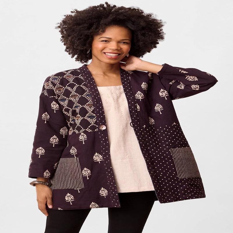 Kanchi Reversible Collarless One Button Jacket - Black/Multi/Dark denim