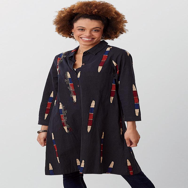 Nahila A-Line Button-Down Long Shirt - Black/Multi