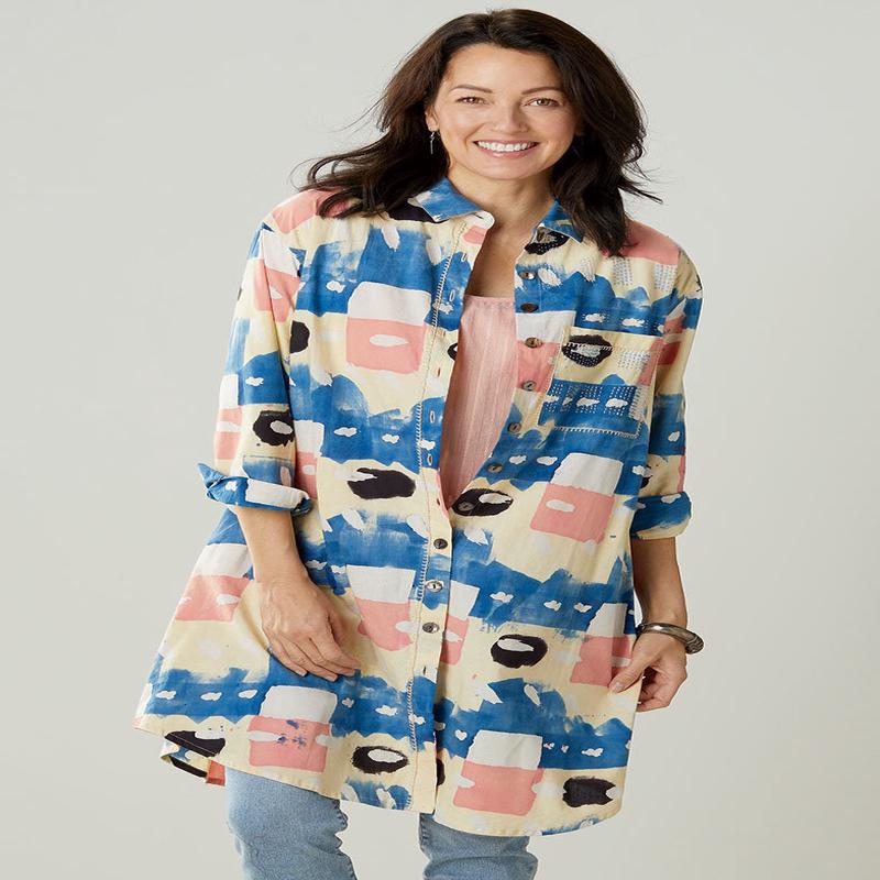 Rima Oversized Button-Down Long Shirt - Buttermilk/Multi