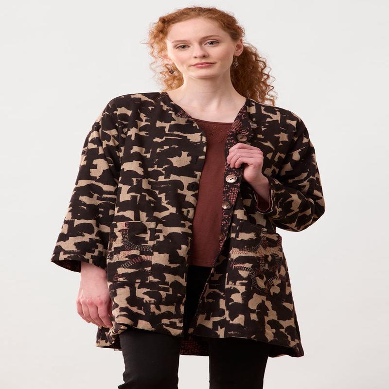 Nalanda Reversible Herringbone Block Print Jacket - Black/Cement/Ambrosia